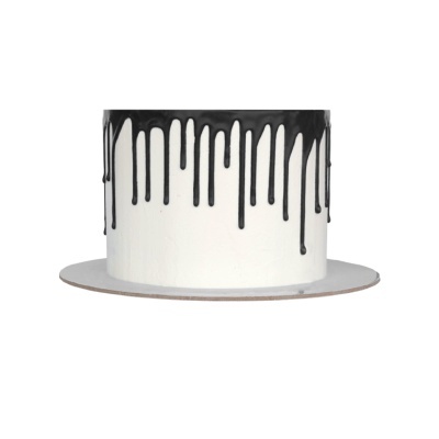 Bolo redondo branco com cobertura preta a escorrer