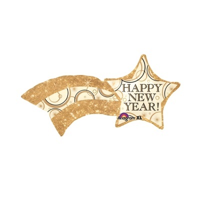 Balão estrela dourado e branco com mensagem Happy New Year