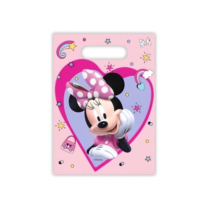 Sacola de plástico rosa com imagem da Minnie Mouse dentro de um coração lilás