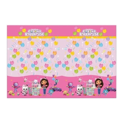 Painel de festa cor-de-rosa com balões de gato e personagens de Gabbys Dollhouse
