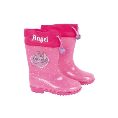 Botas de chuva rosa com padrão de estrelas e personagem animado