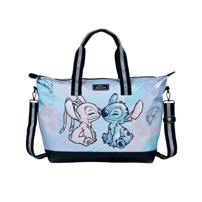 Mala de ombro azul e rosa com estampa dos personagens Stitch e Angel