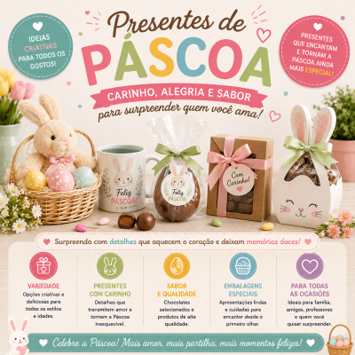 Presentes de Páscoa com coelho de peluche, ovos decorativos, caneca, chocolates embalados e caixas com laços e etiquetas