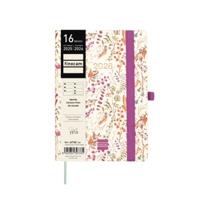Agenda semanal 16 meses Finocam 2025-2026 capa floral com elástico roxo