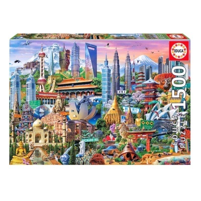 Caixa colorida de puzzle Educa com 1500 peças, mostrando marcos famosos do mundo
