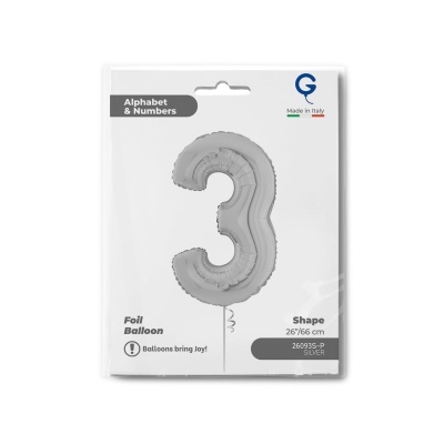 Balão foil número 3 prata numa embalagem branca