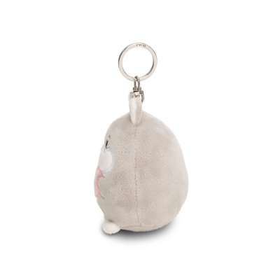 Porta-chaves de peluche cinzento em forma oval com argola metálica