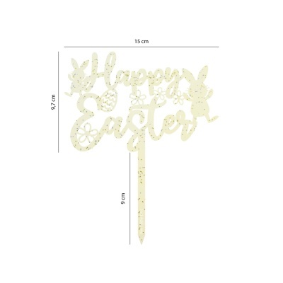 Topo de bolo 'Happy Easter' em madeira clara com glitter dourado e figuras de coelhos