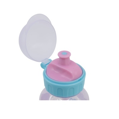 Tampa de garrafa plástica azul claro com bocal rosa e tampa transparente