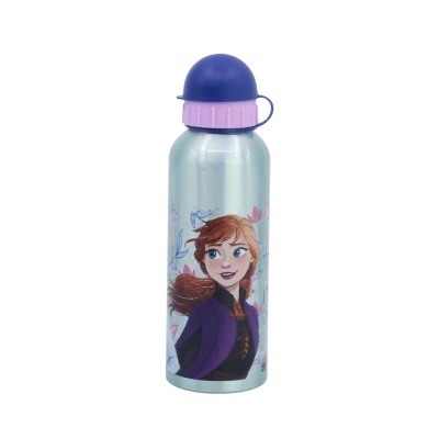 Garrafa metálica prateada com tampa azul e roxa e ilustração da personagem Anna de Frozen