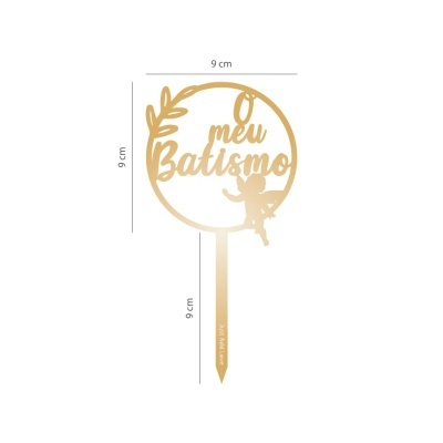 Topo de bolo dourado em acrílico com texto O meu Batismo e figura de anjo