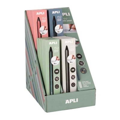 Expositor de lápis APLI HB com caixas coloridas rosa, azul e verde em base verde