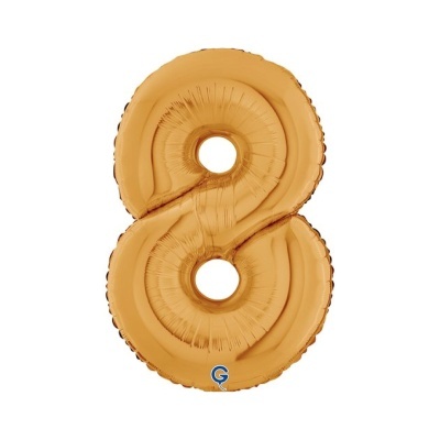 Balão metálico dourado número 8 com logótipo azul no fundo branco