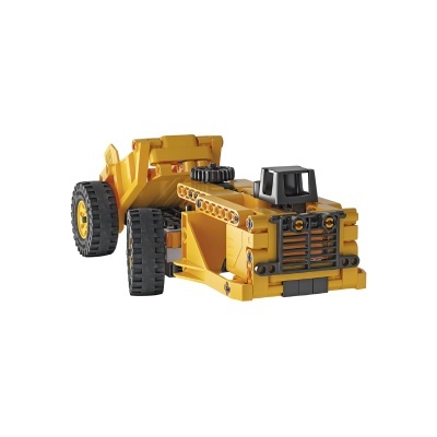 Trator amarelo de brinquedo com rodas pretas e cabine cinza