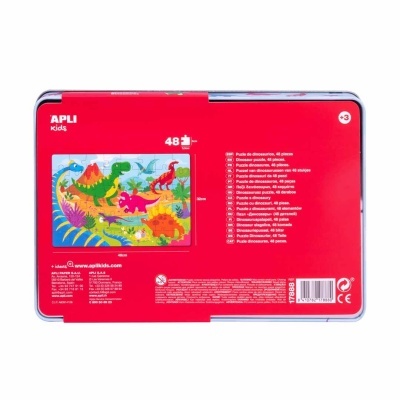 Caixa metálica vermelha com puzzle de dinossauros de 48 peças da APLI kids