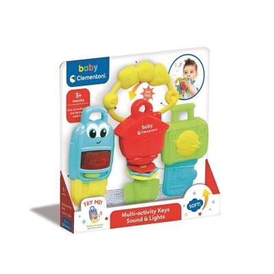 Conjunto de chaves multiatividade para bebé azul, vermelho, amarelo e verde com sons e luzes em embalagem da marca Clementoni