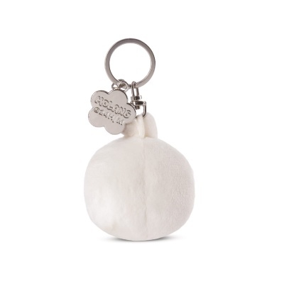 Porta-chaves de peluche branco redondo com etiqueta metálica
