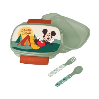 Marmita verde com tampa de Mickey Mouse e talheres pequenos