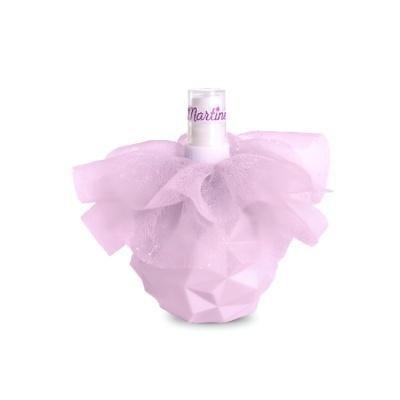Frasco de perfume rosado com laço de tule cor-de-rosa e tampa com texto 'Martini'.