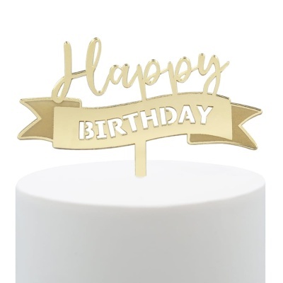 Topo de bolo dourado com a inscrição Happy BIRTHDAY