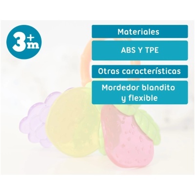 Mordedor colorido para bebé em forma de frutas com etiqueta de materiais e idade