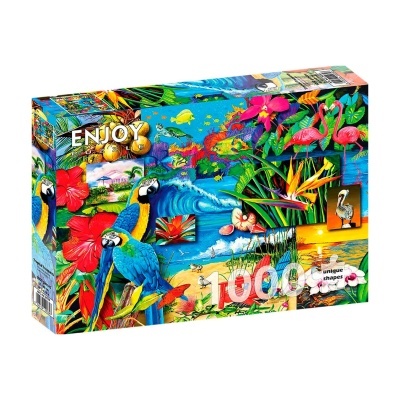 Caixa de puzzle colorida com tema tropical e 1000 peças