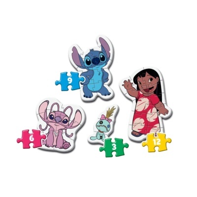 Conjunto de quatro puzzles coloridos com personagens animados e números