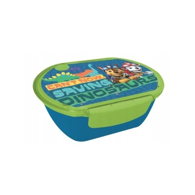 Marmita azul com tampa verde e decoração de personagens animados e texto