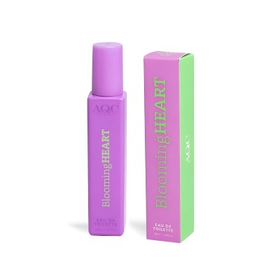 Frasco e caixa roxos de Eau de Toilette Blooming HEART com detalhes verdes