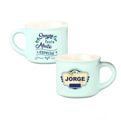 Conjunto de duas chávenas de cerâmica azul claro com texto e nome Jorge.
