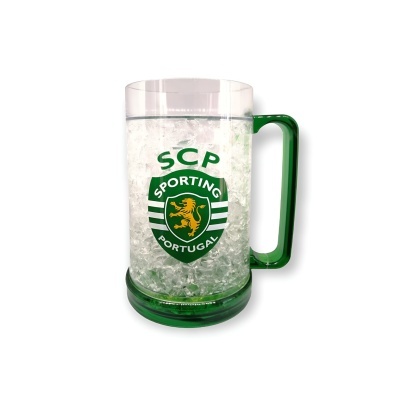 Caneca térmica transparente com logotipo do Sporting Clube de Portugal e pega verde