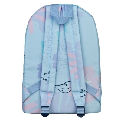 Mochila azul claro com padrão floral pastel e alças ajustáveis