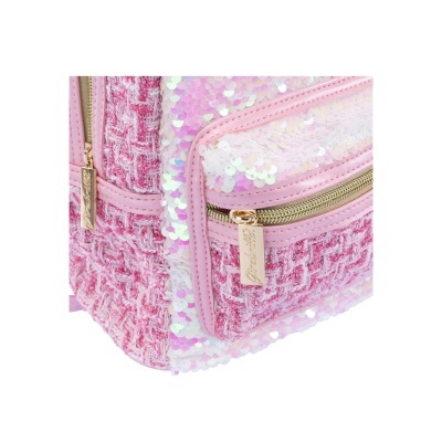 mochila cor-de-rosa com tweed e lantejoulas iridescentes