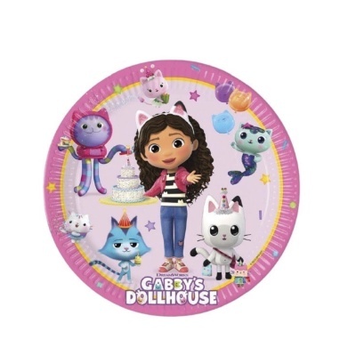 Prato de papel rosa com personagens animados Gabbys Dollhouse
