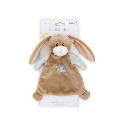 peluche de coelho castanho com orelhas longas em embalagem branca