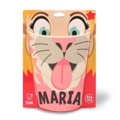 embalável para bebida com decoração colorida e texto MARIA