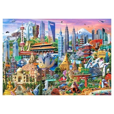 Quebra-cabeça colorido com monumentos famosos do mundo, arranha-céus e templos em collage vibrante