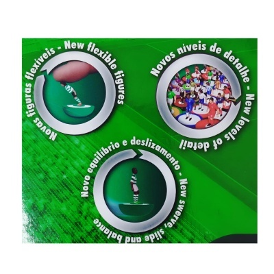 Detalhes do produto em embalagem verde com figuras e texto bilingue.