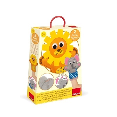 Caixa de brinquedo DIY com 2 fantoches de mão de leão e elefante em tecido