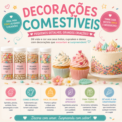 Frascos de decorações comestíveis coloridas, cupcakes e bolo decorado com confeitos, texto promocional em português