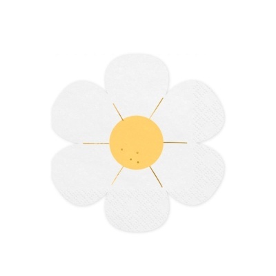 Guardanapo de papel em forma de flor com centro amarelo e pétalas brancas