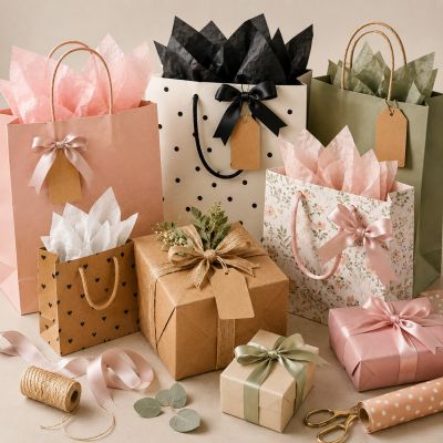 Caixas e sacos de papel para presentes decorados com fitas e papel de seda colorido.
