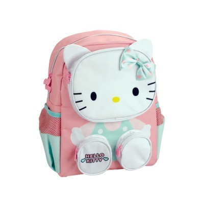 Mochila rosa com bolso branco decorado com rosto de gato e laço azul com bolinhas cor-de-rosa.