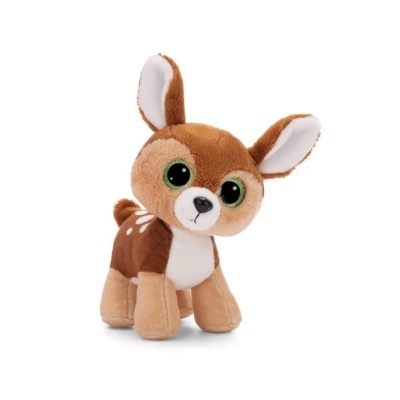 Urso de peluche castanho e branco com olhos grandes