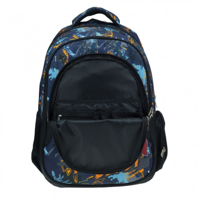 Mochila azul escura com padrão colorido e compartimento frontal aberto