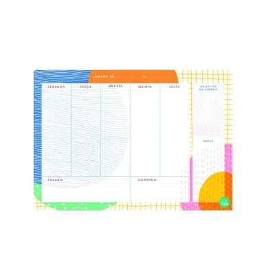 Calendário semanal colorido com secções para dias da semana, objetivos e notas