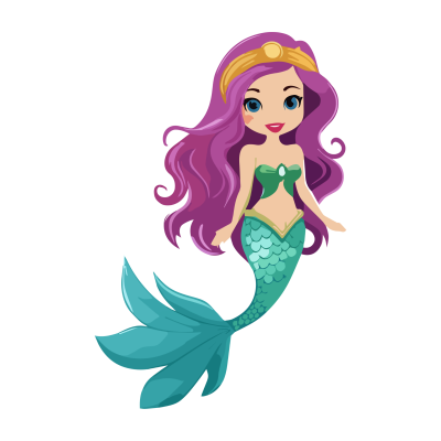 Desenho animado de sereia com cauda azul turquesa e cabelo roxo