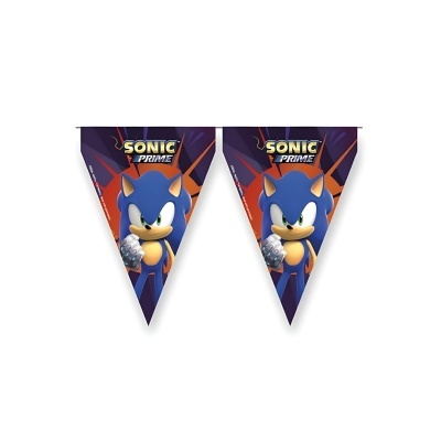 Penduricalhos triangulares decorativos com Sonic Prime e fundo roxo