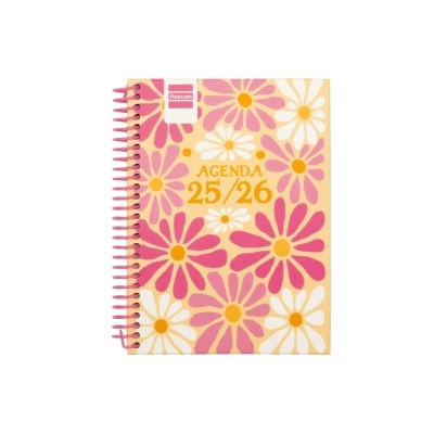 Agenda espiralada com capa floral e texto 'AGENDA 25/26'