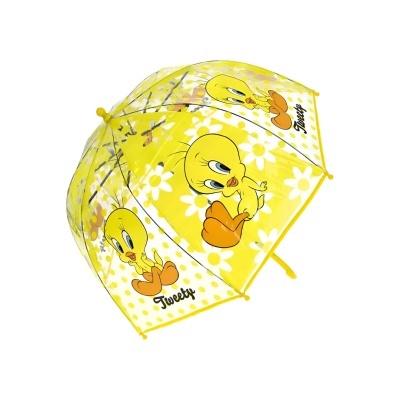 Guarda-chuva amarelo com desenhos do Tweety e flores brancas